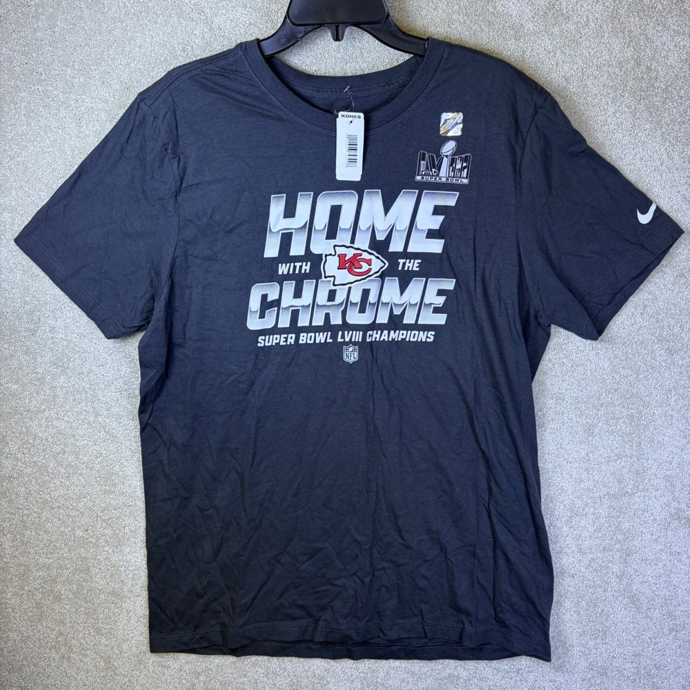 Nike TShirt Men Large Black Super Bowl LVIII Champions Kansas City Chiefs Chrome